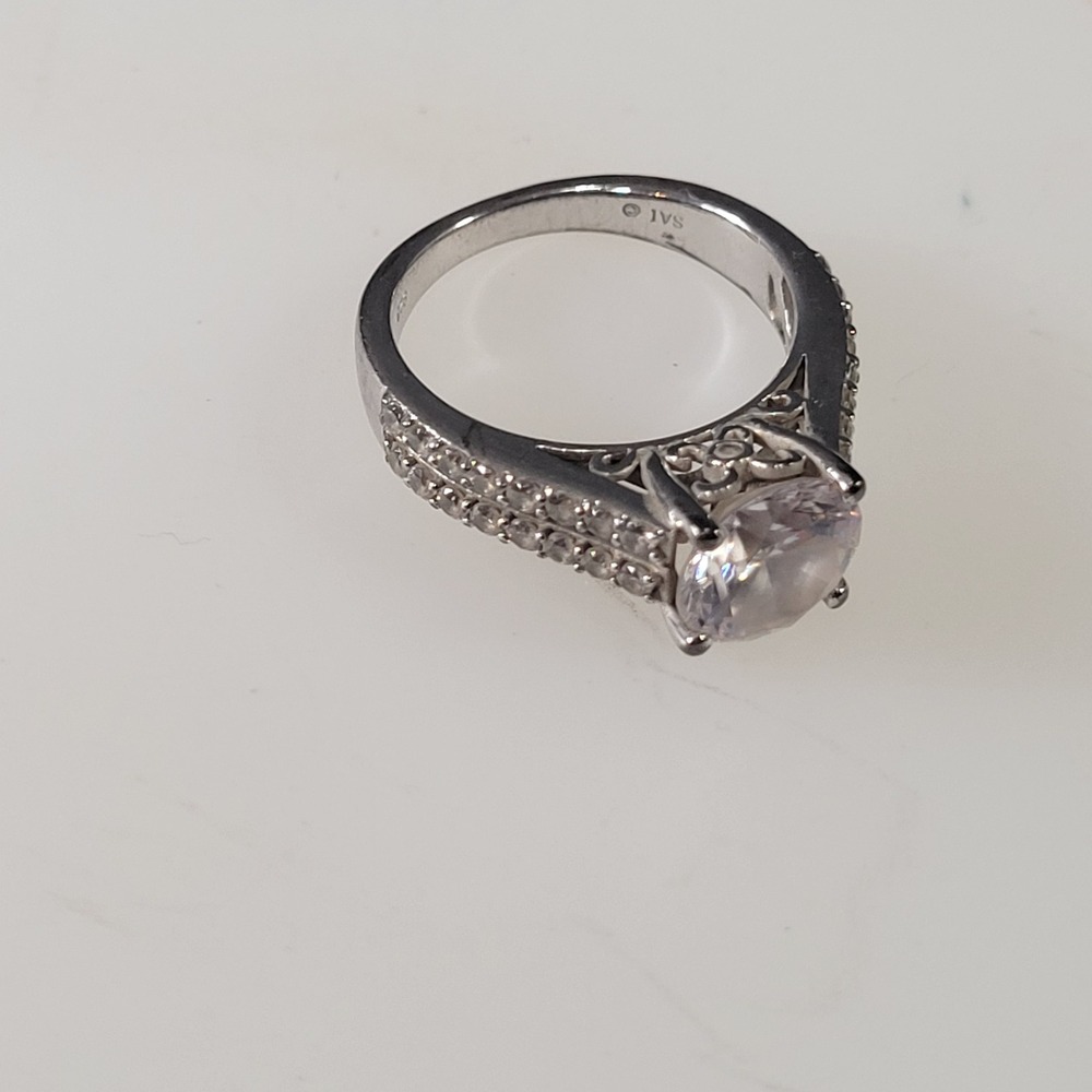 SAI Sterling Silver 925 Oval Glass Bridal‎ Style Ring Size 6.5 Pavé Band